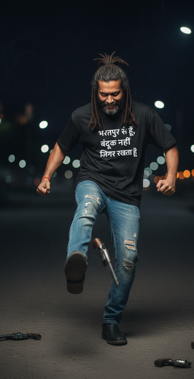 Bharatpur Pride Oversized Black T-Shirt: "Bandook Nahi Jigar Rakhta Hoon" | Streetwear Tee