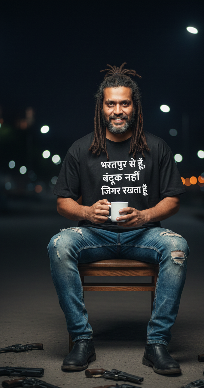 Bharatpur Pride Oversized Black T-Shirt: "Bandook Nahi Jigar Rakhta Hoon" | Streetwear Tee