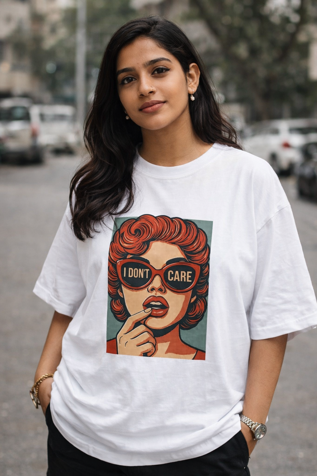 “I Don’t Care” Retro Pop Art Graphic Oversized T-Shirt – Vintage Streetwear Tee