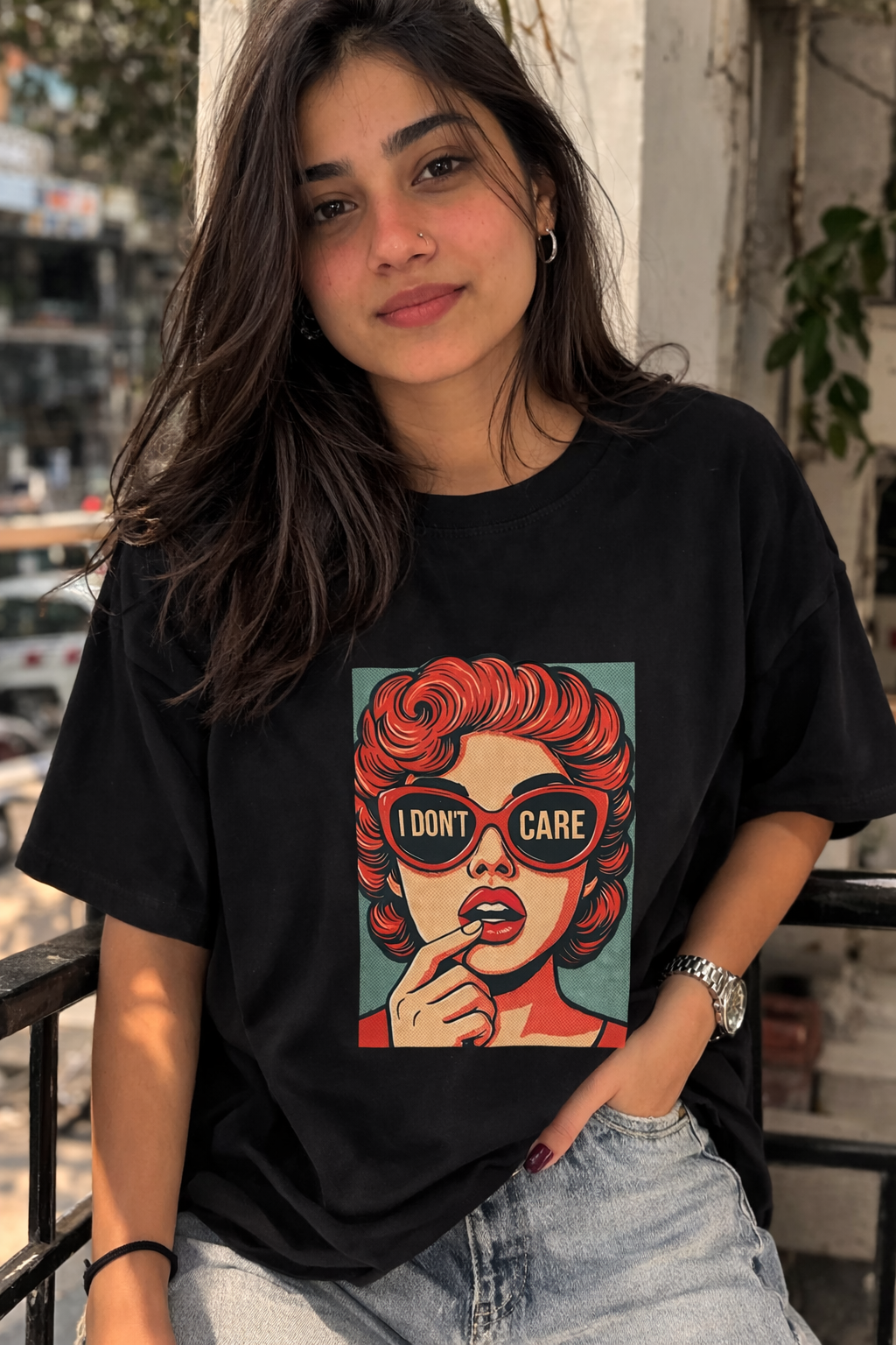 “I Don’t Care” Retro Pop Art Graphic Oversized T-Shirt – Vintage Streetwear Tee