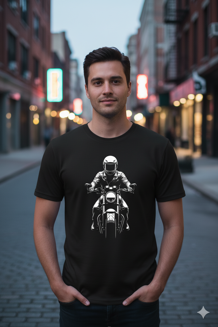 The Rider's Stare T-Shirt: Front View Classic Biker Tee