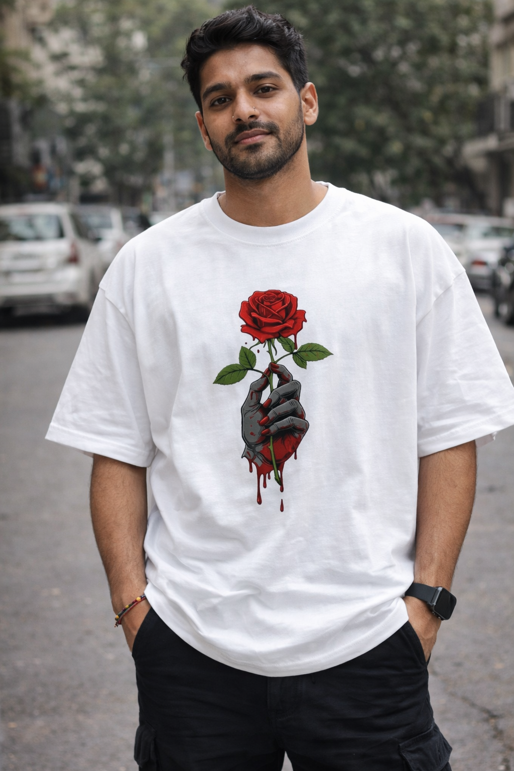 Red Rose Graphic Oversized T-Shirt – Dark Aesthetic Streetwear Cotton Tee