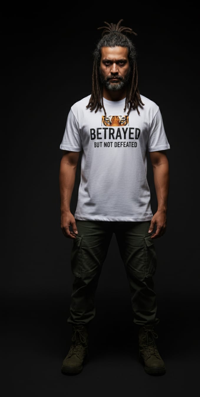 BETRAYED BUT NOT DEFEATED Oversized White T-Shirt | Tiger Eye Resilience Tee