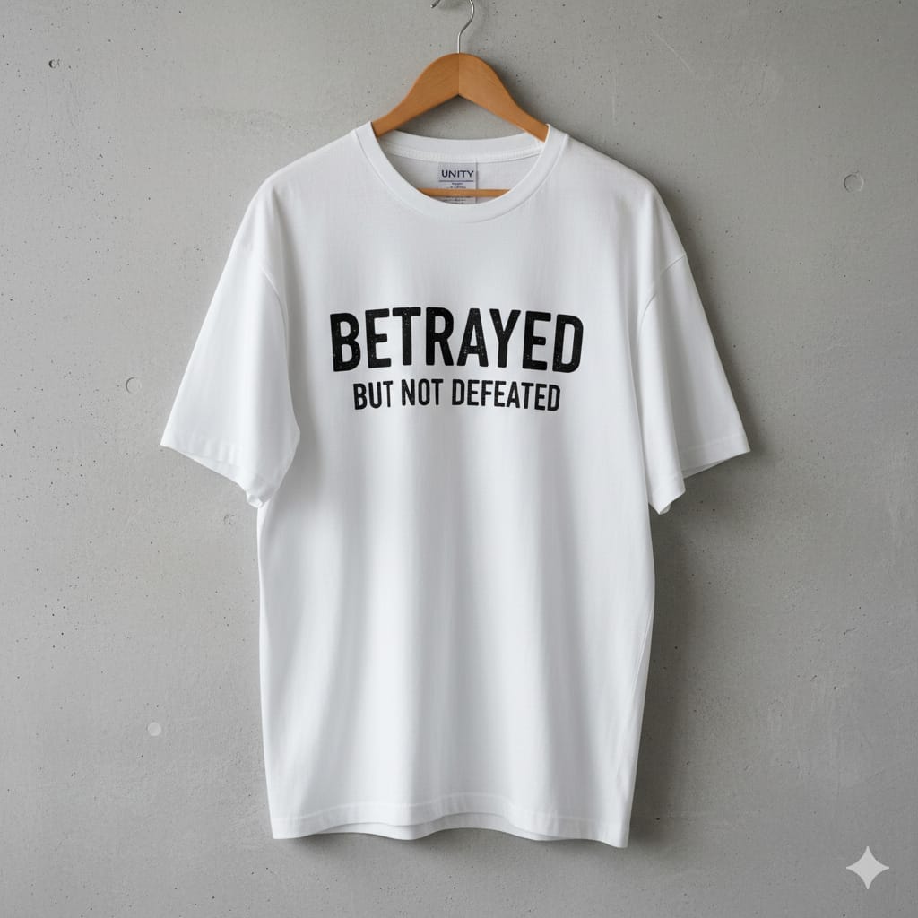 BETRAYED BUT NOT DEFEATED Oversized White T-Shirt | Tiger Eye Resilience Tee
