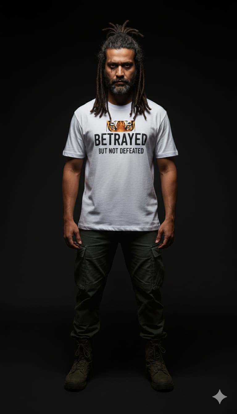 BETRAYED BUT NOT DEFEATED Oversized White T-Shirt | Tiger Eye Resilience Tee